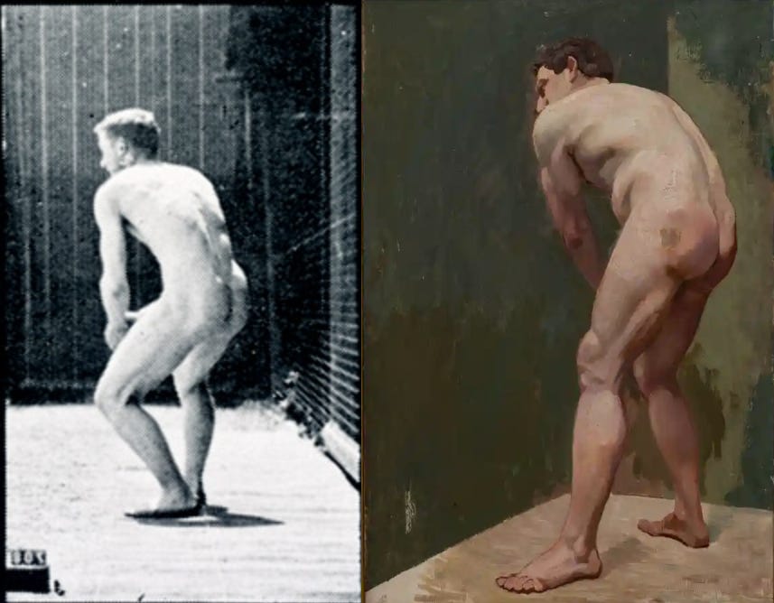 A side by side comparison of the frame from Muybridge’s “Athlete Catching and Throwing at Baseball” (flipped horizontally to match the painting) and the alleged Freud painting. Both are nude male figures seen in three-quarters rear profile, both are bending at the waist and knees, both are reaching down toward their knees. But Muybridge’s subject has his feet close together, almost in a ballet “first position,” and the muscles of his legs and back are tensed, giving an impression of a figure in motion, coiled up and about to unwind energetically, which he is. The painting’s figure’s feet are spread wide and soldily planted, giving him a static appearance. He’s bent more at the waist than the hips, and generally looks more like an uncomfortable novice golfer lining up a putt than Muybridge’s graceful athlete. I feel like this side by side clearly shows the reasons Freud might have wanted to disavow this particular work. A side by side comparison of the frame from Muybridge’s “Athlete Catching and Throwing at Baseball” (flipped horizontally to match the painting) and the alleged Freud painting. Both are nude male figures seen in three-quarters rear profile, both are bending at the waist and knees, both are reaching down toward their knees. But Muybridge’s subject has his feet close together, almost in a ballet “first position,” and the muscles of his legs and back are tensed, giving an impression of a figure in motion, coiled up and about to unwind energetically, which he is. The painting’s figure’s feet are spread wide and soldily planted, giving him a static appearance. He’s bent more at the waist than the hips, and generally looks more like an uncomfortable novice golfer lining up a putt than Muybridge’s graceful athlete. I feel like this side by side clearly shows the reasons Freud might have wanted to disavow this particular work.