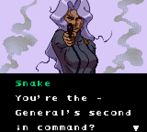A gif from Snake's POV, confronting Sophia, who has a gun trained on him as smoke curls in the background.