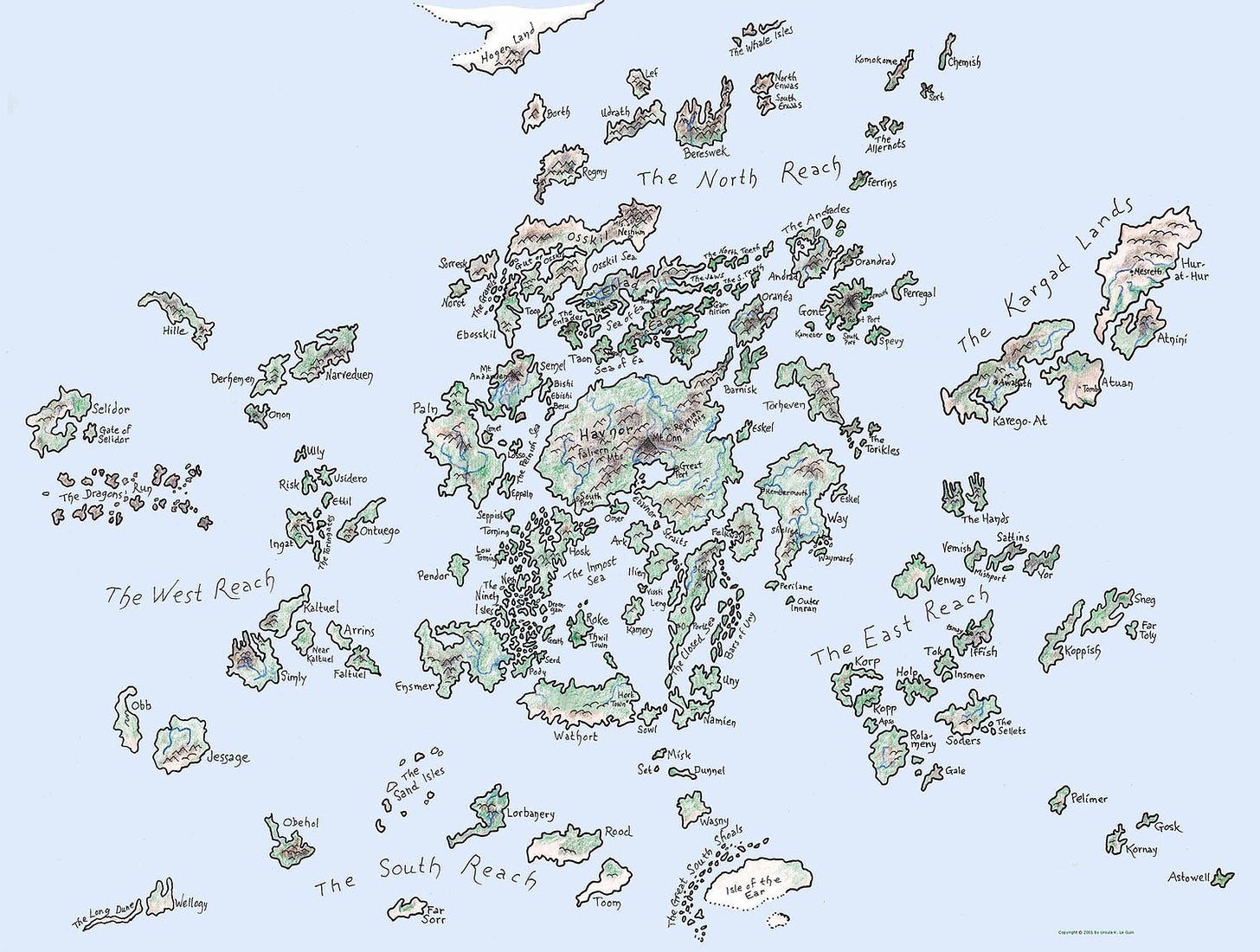 Overview map of the disparate islands that comprise the world of Earthsea against a flat blue expanse.