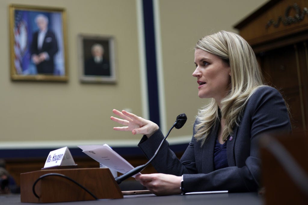 Frances Haugen testifies Wednesday during a hearing about Section 230 in Washington, DC. (Alex Wong / Getty Images) Frances Haugen testifies Wednesday during a hearing about Section 230 in Washington, DC. (Alex Wong / Getty Images)