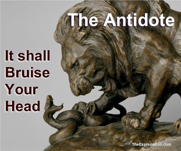The Antidote. the Lion, representing Jesus Christ, will definitively bruise the head of the Serpent.
