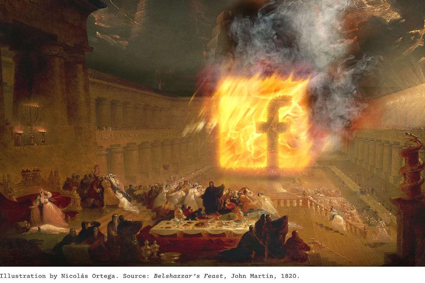 Illustration by Nicolás Ortega. Source: Belshazzar’s Feast, John Martin, 1820.