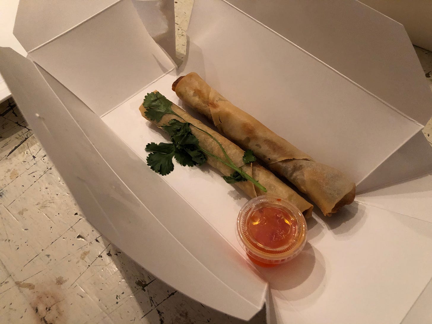 Two curry spring rolls in a take-out container