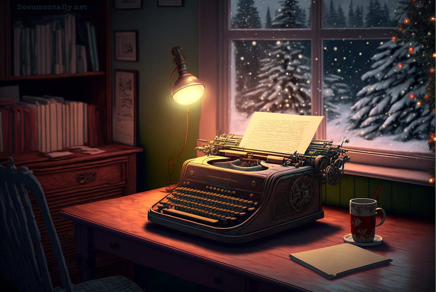 Image created with Midjourney using the prompt: typewriter sat on a table, in a christmassy room, in the evening. The A.I has made just that with books on a shelf and a snowy scene out of the window.