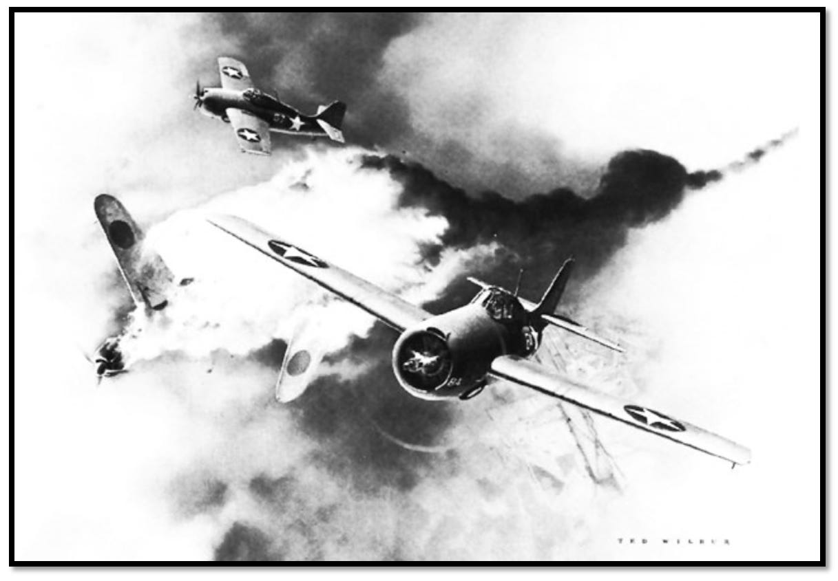 Wikimedia explanation: "Grayscale presentation of a full-color painting (oils on canvas) by noted aviation artist Ted Wilbur, depicting Capt Joe Foss as he shoots down a Japanese Zero over Henderson Field on Guadalcanal in October 1942."