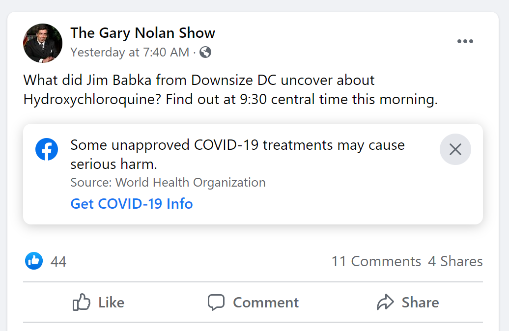 Facebook post by The Gary Nolan Show announcing Jim Babka's appearance, including a warning that unapproved C-19 treatments cause serious harm.