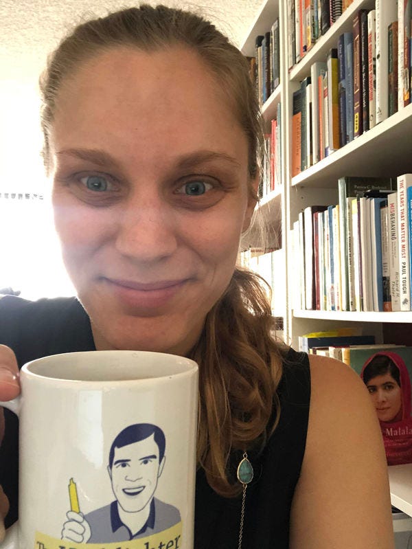 Here’s VIP Elise proudly drinking her inaugural tea with her fancy new Highlighter mug. (She receives extra points for having Malala and Paul Tough’s books in the background.) Are you secretly jealous?