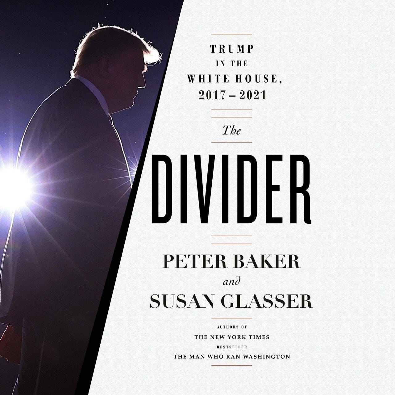 May be an image of 1 person and text that says 'TRUMP IN INTHE WHITE HOUSE, 2017-2021 The DIVIDER PETER BAKER and SUSAN GLASSER AUTHORS THE NEW YORK TIMES BESTSELL THE MAN WHO RAN WASHINGTON'