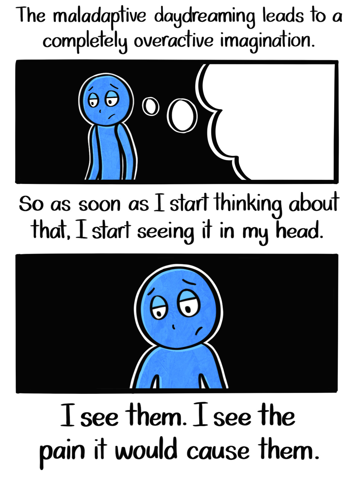 Caption: The maladaptive daydreaming leads to a completely overactive imagination. So as soon as I start thinking about that, I start seeing it in my head. I can see them. I can see the pain it would cause them. Image: Two panels, the first showing the Blue Person against a black background, looking down with a dream bubble. The second one shows the Blue Person more close up, without the dream bubble.