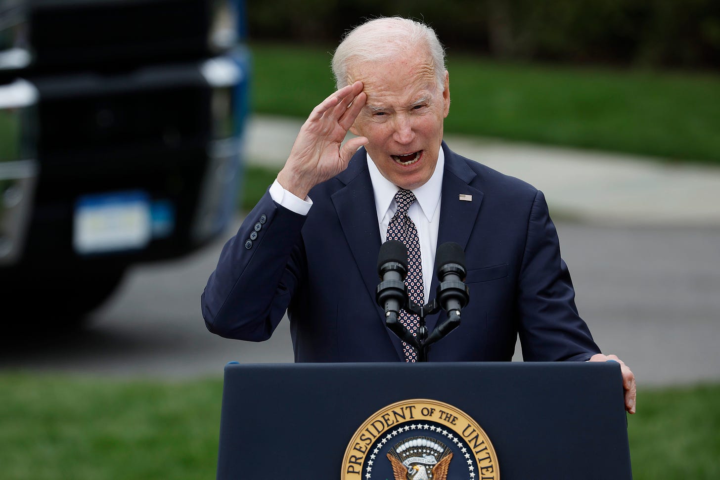 WASHINGTON, DC - APRIL 04: U.S. President Joe Biden delivers remarks on his 'Trucking Action Plan' on the South Lawn of the White House on April 04, 2022 in Washington, DC. Joined by Transportation Secretary Pete Buttigieg, Biden talked about his administration's plan 'to strengthen our nation’s supply chains, including by bringing more veterans and women into the industry,' according to the White House. (Photo by Chip Somodevilla/Getty Images)