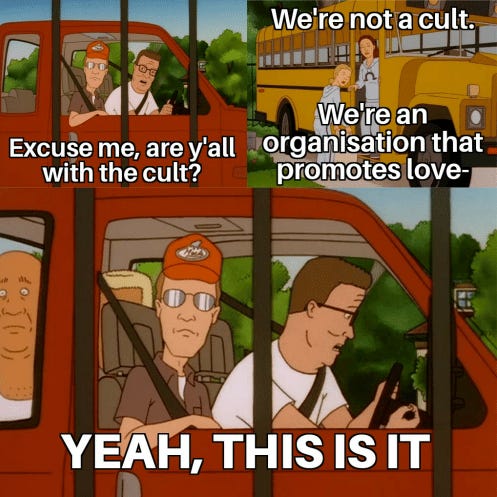 King of the Hill episode: "Excuse me - are y'all with the cult?"