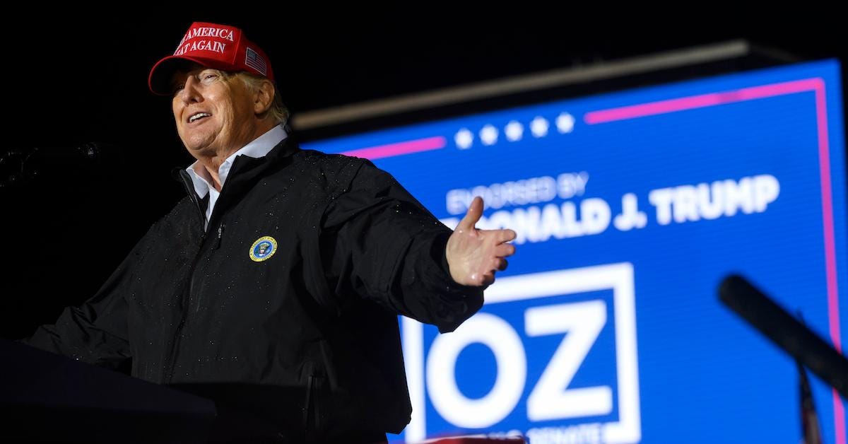Donald Trump appears at a rally for Pa. Senate candidate Mehmet Oz.