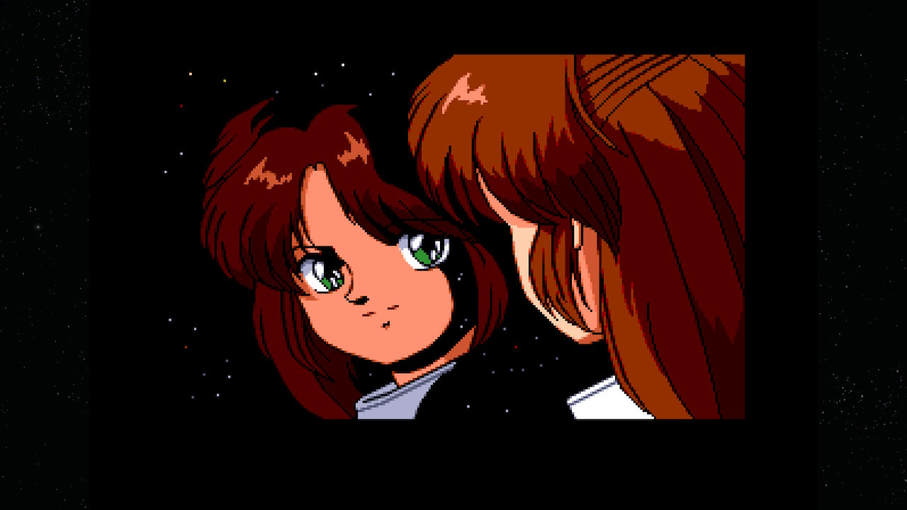 A cutscene image of Lucia looking at her own reflection in a ship's viewport.