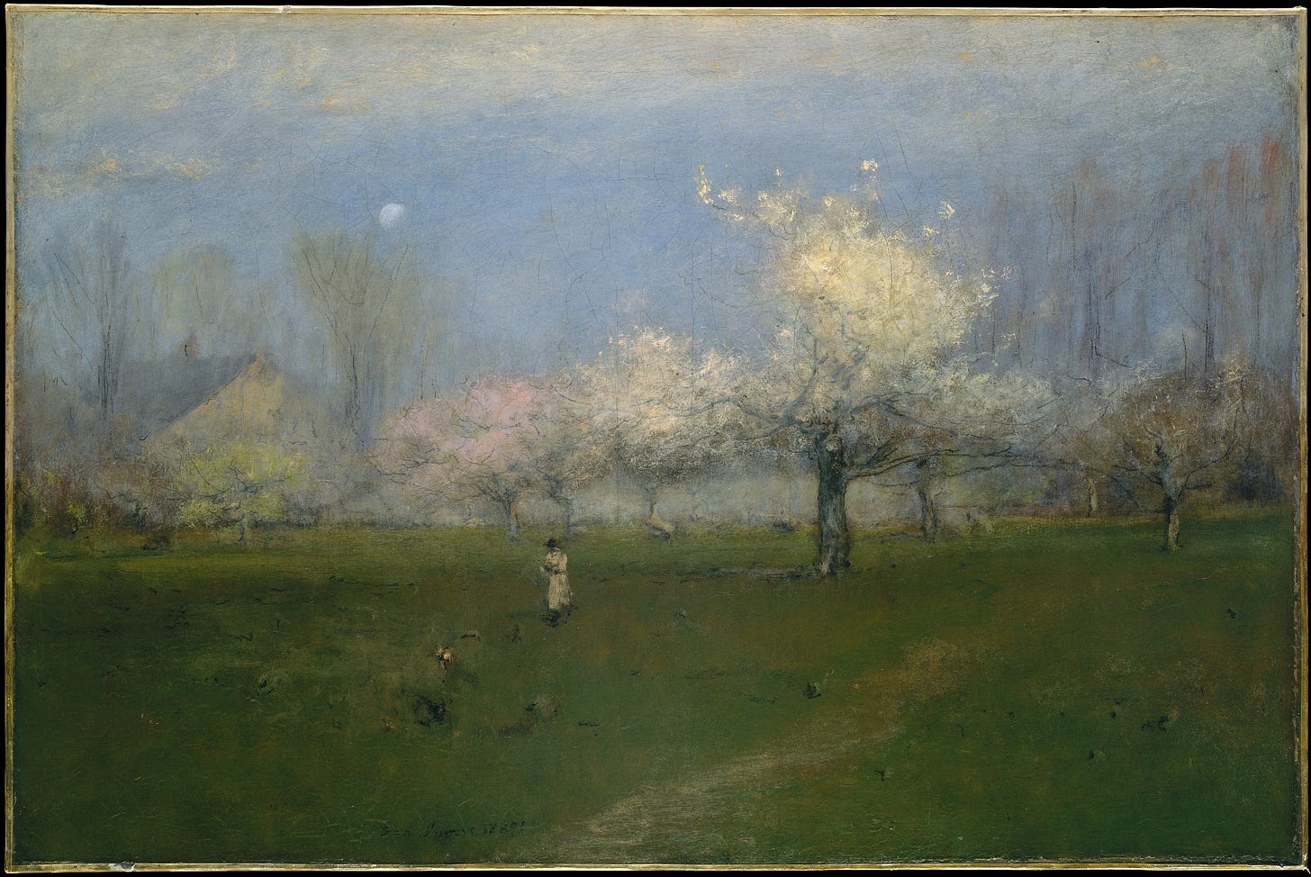 Painting of figure in front of flowering trees