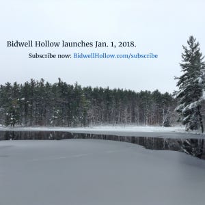 Photo of an ice-covered lake surrounded by snow and pine trees. Imposed on the photo are the words, "Bidwell Hollow launches Jan. 1, 2018. Subscribe now: BidwellHollow.com/subscribe.