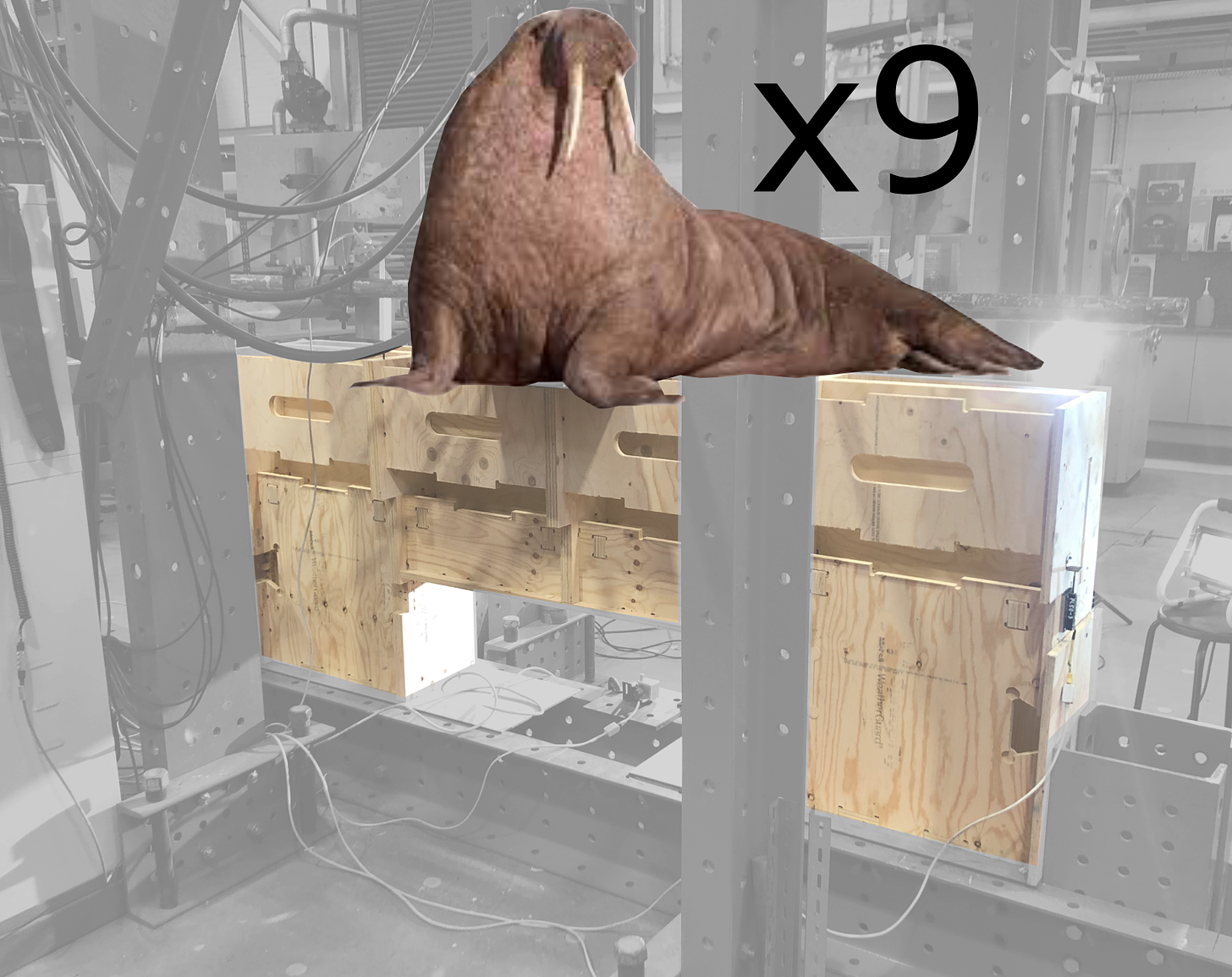 Image of lintel block about to be tested. A large walrus and the number 9 have been photoshopped on top of the block to show that the block can take the wight of 9 walruses before breaking.