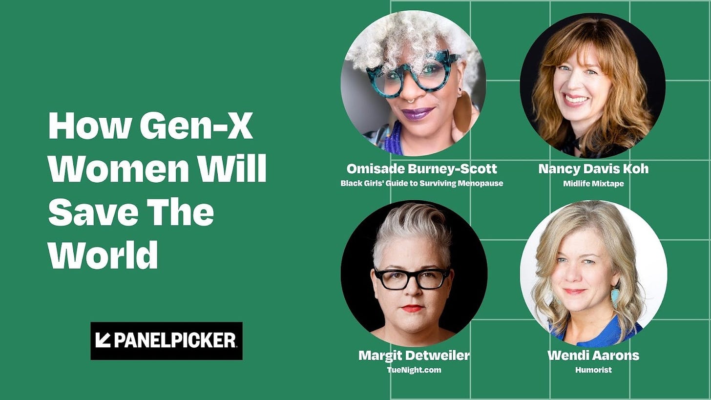 How Gex-X Women Will Save The Word promo with headshots of Omisade Burney-Scott, Margit Detweiler, Wendi Aarons, and Nancy David Koh