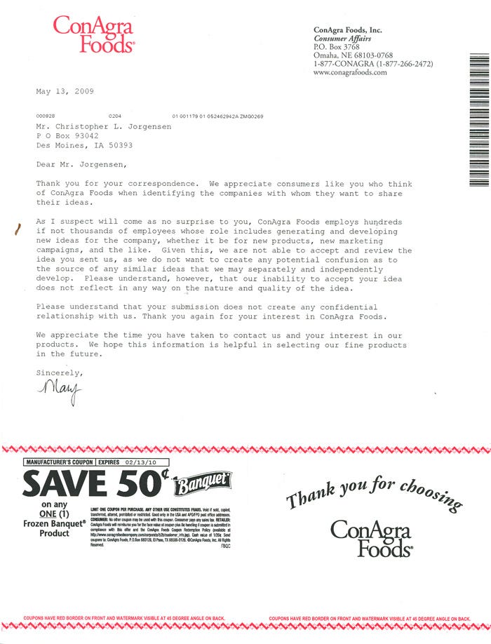 Scan of the letter from ConAgra Foods. Transcript follows.