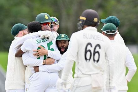 South Africa roar in celebration after removing Devon Conway