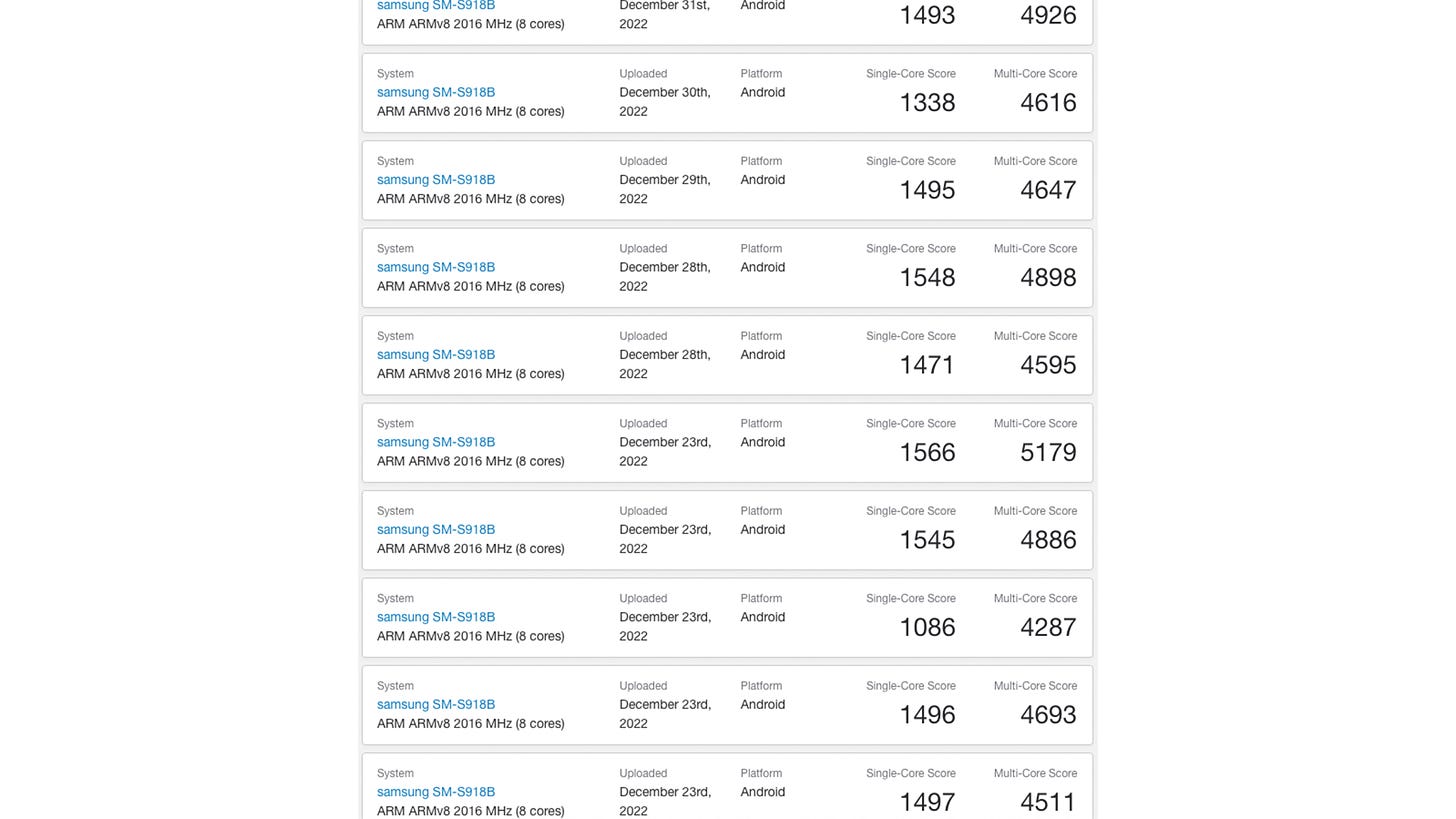 Geekbench scores showing the purported Galaxy S23 chip multi-core scores, mostly below 5,000
