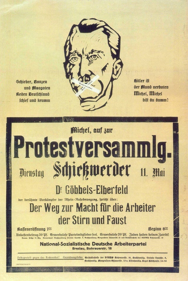 r/PropagandaPosters - "Crooks can speak anywhere in Germany, but Hitler is banned" Poster for a protest, with Goebbels speaking, against the ban on Hitler's speeches, 1926 