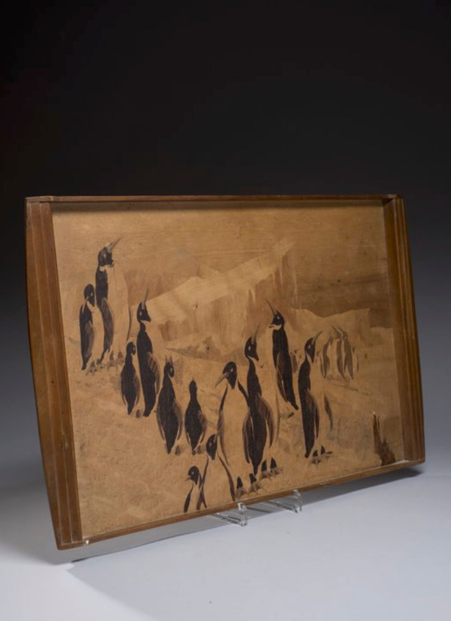 Etablissements Gallé, Tea tray with Penguins, signed, undated, 42 x 70 cm, Piasa 2012-11-22 lot #120.