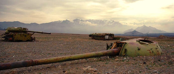 Decaying Soviet tanks that have been left in the mountainscape of Afghanistan.