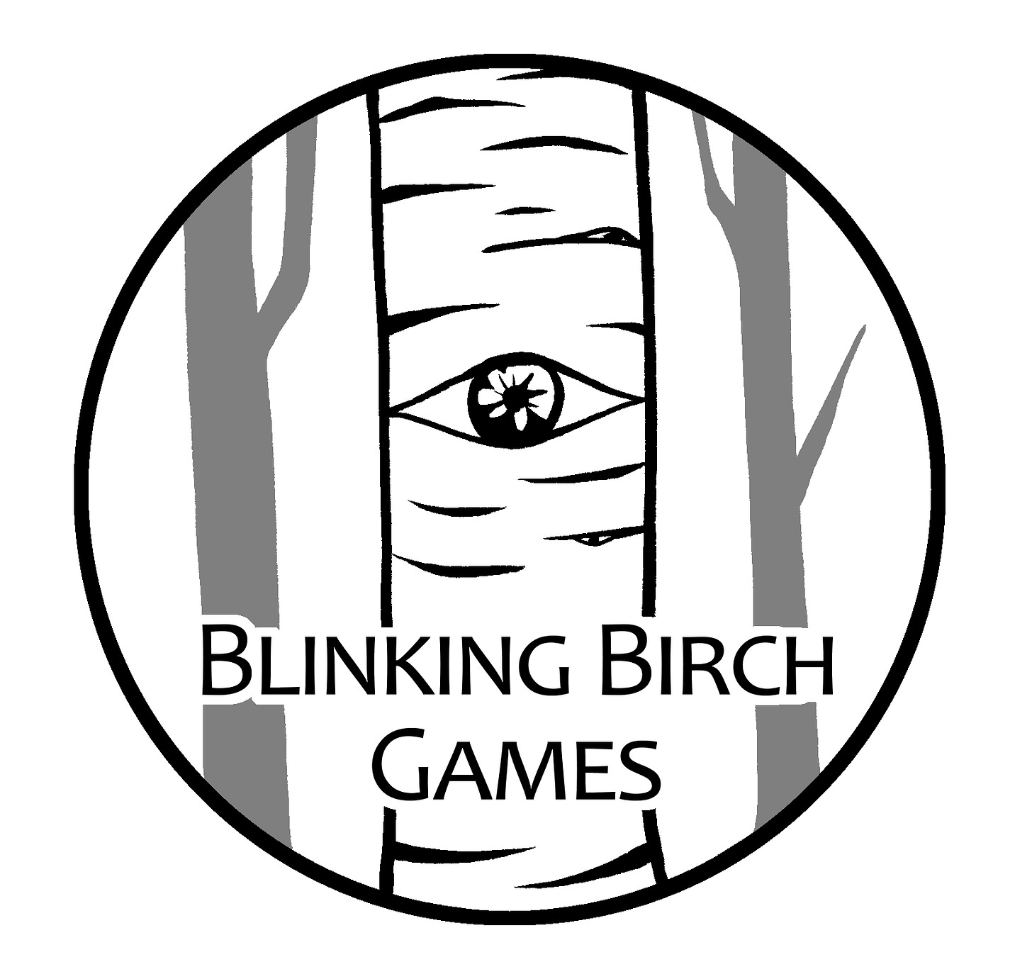 The logo for Blinking Birch Games, which shows a birch tree with an eye open in the center