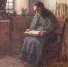 Henry John Dobson, R.S.W. An elderly woman in a tartan schawl reads the bible by the light of a window.
