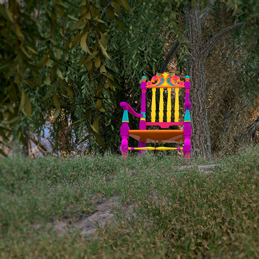 A vibrantly painted ornate 18th century style chair sitting amongst green trees and grass