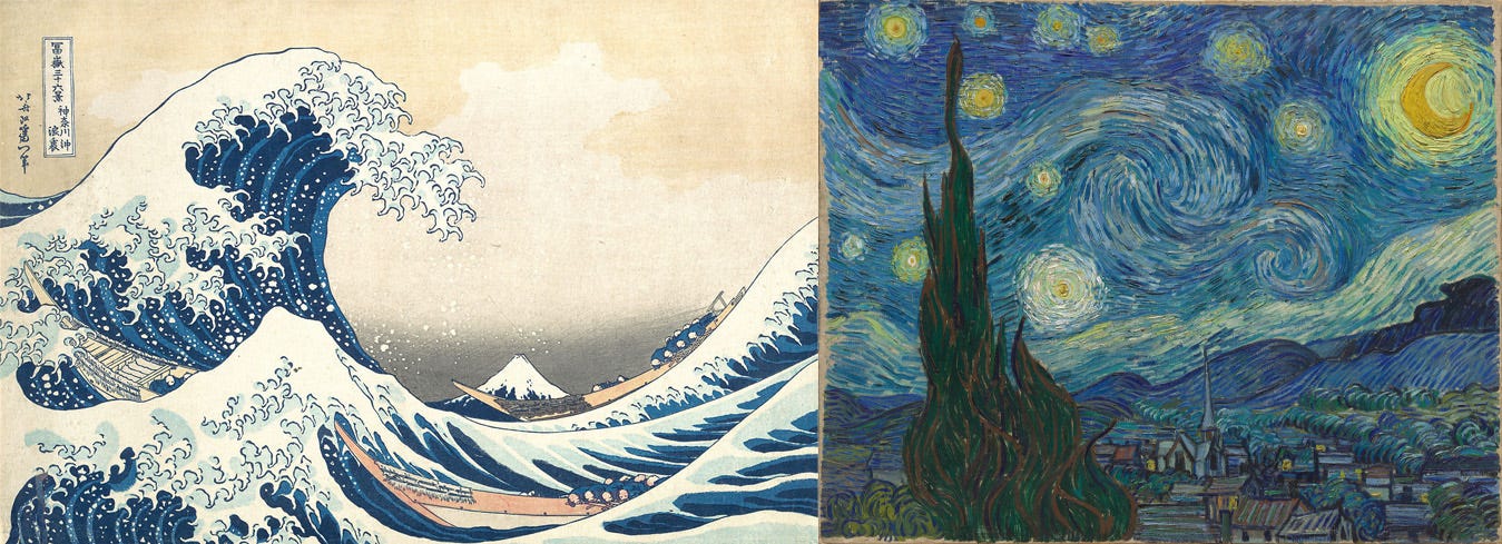 Hokusai's "The Great Wave Off Kanagawa" is featured on the left; Van Gogh's "The Starry Night" is featured on the right