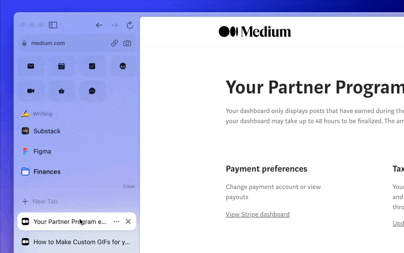 An animated gif showing a tab being dragged into Pinned, and renamed to "Medium"