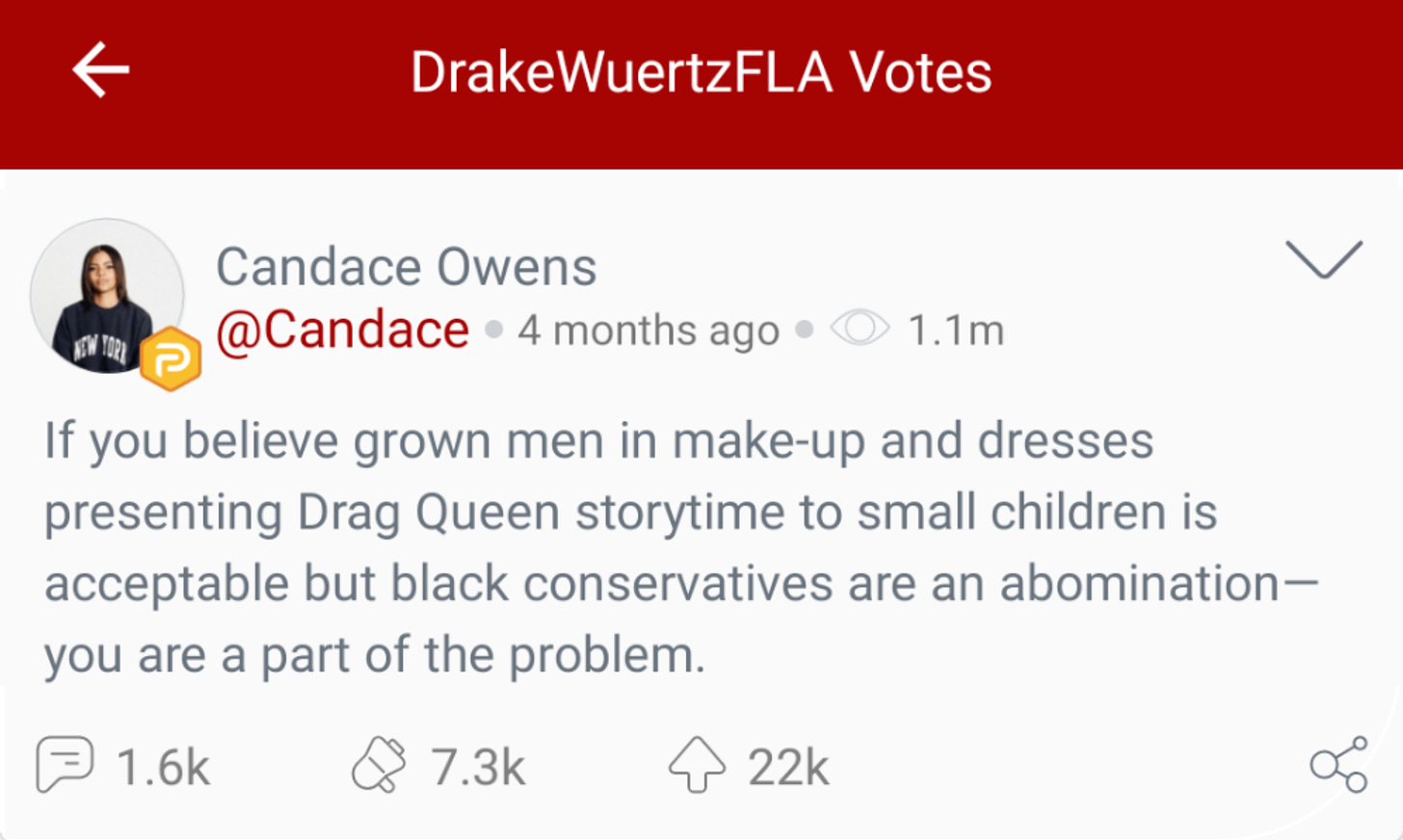 @DrakeWuertzFLA “votes” a Candace Owens post about “Drag Queet Story Time” on Parler. (Image: Parler screenshot.)