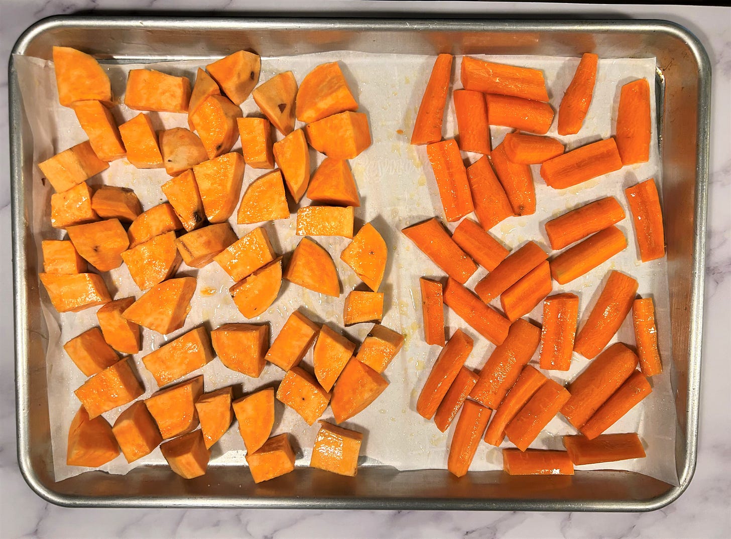 Prepped Sweet Potatoes and Carrots for Roasting