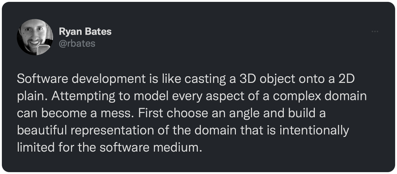 Software development is like casting a 3D object onto a 2D plain. Attempting to model every aspect of a complex domain can become a mess. First choose an angle and build a beautiful representation of the domain that is intentionally limited for the software medium.