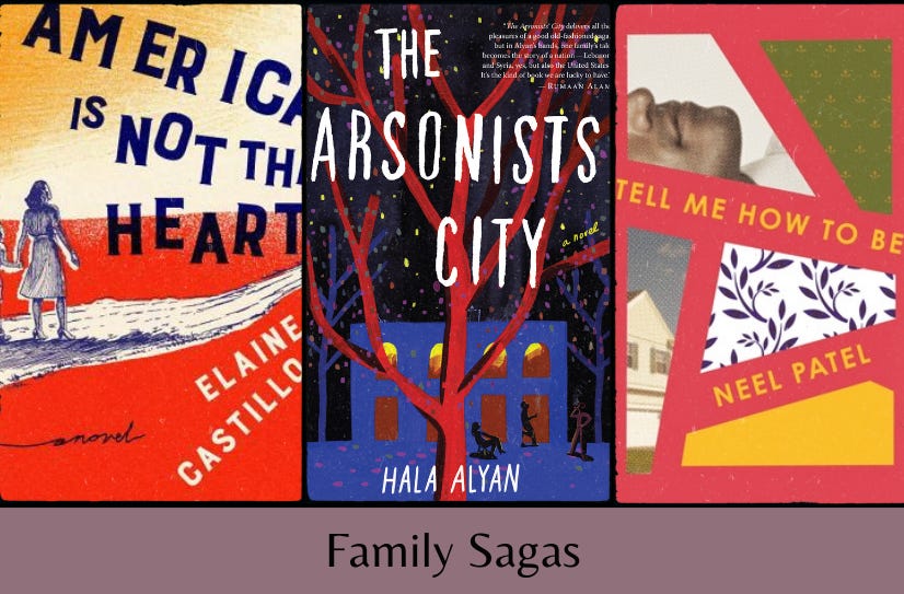 Three book covers (America Is Not the Heart, The Arsonists’ City and Tell Me How to Be) in a row above the text “Family Sagas”.