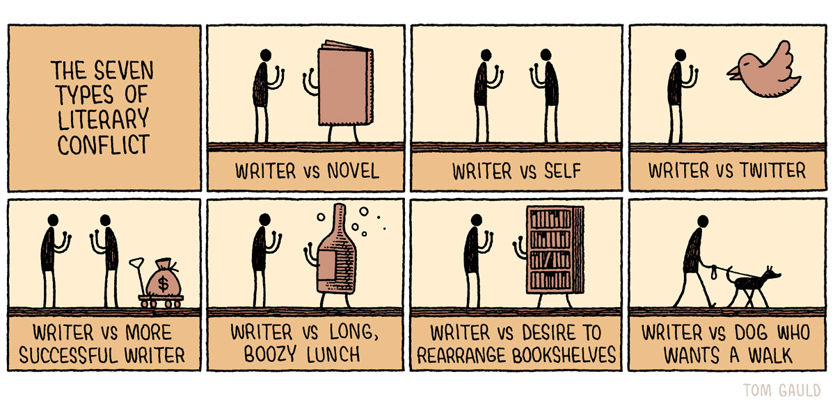 Tom Gauld on Twitter: "'The Seven Types of Literary Conflict' (my cartoon  for yesterday's Guardian) #writing p.s. New book here:  https://t.co/8aNdWyOwH9 https://t.co/x2jbE5l3WV" / Twitter