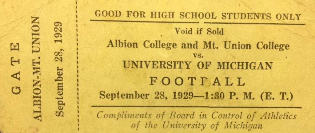 A ticket for Michigan's 1929 twin bill versus Albion and Mt. Union. (Courtesy of Jack Briegel)