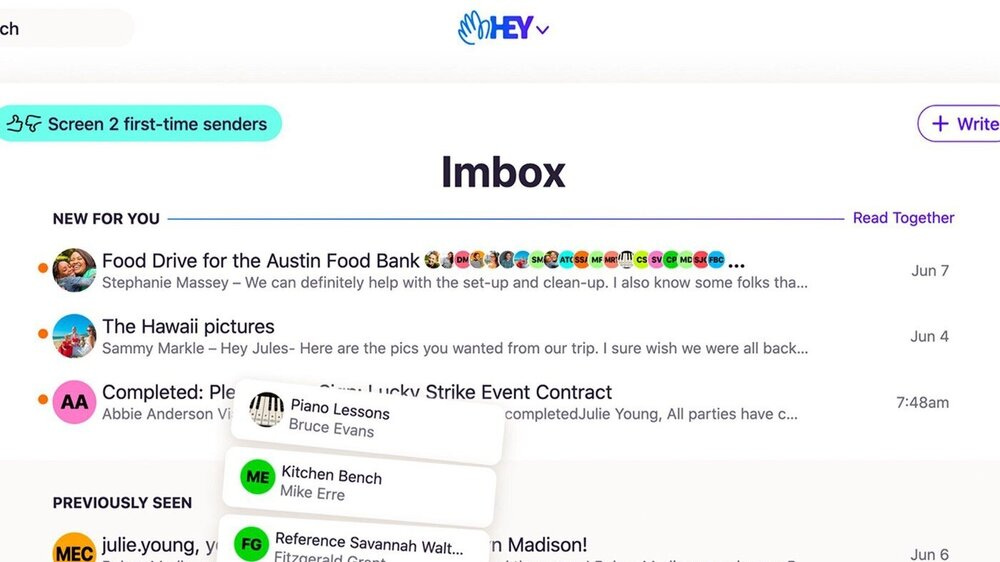 A screenshot of the main inbox using Hey’s service, dubbed the “Imbox.”