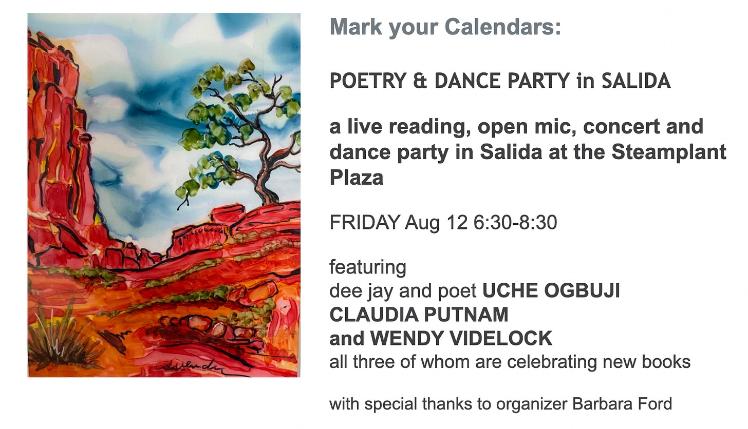 Poetry & Dance Party with Uche Ogbuji, Wendy Videlock & Claudia Putnam, 12th August in Salida, Colorado.