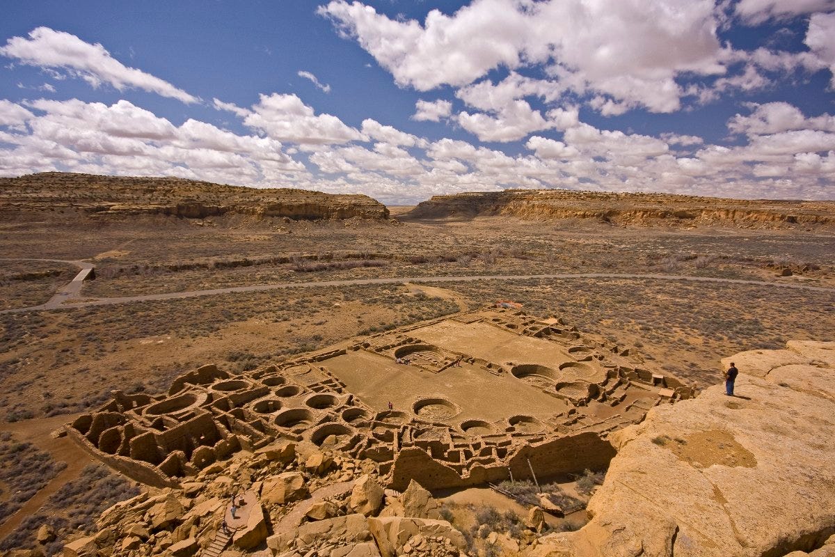 The Chacoan Great House of Pueblo Bonito from above the desert of New Mexico in Chaco Canyon