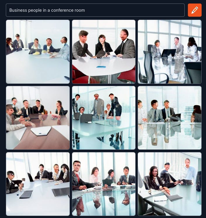 Screenshot of an output from the Craiyon text-to-art generator showing 9 images of business people in a conference room.