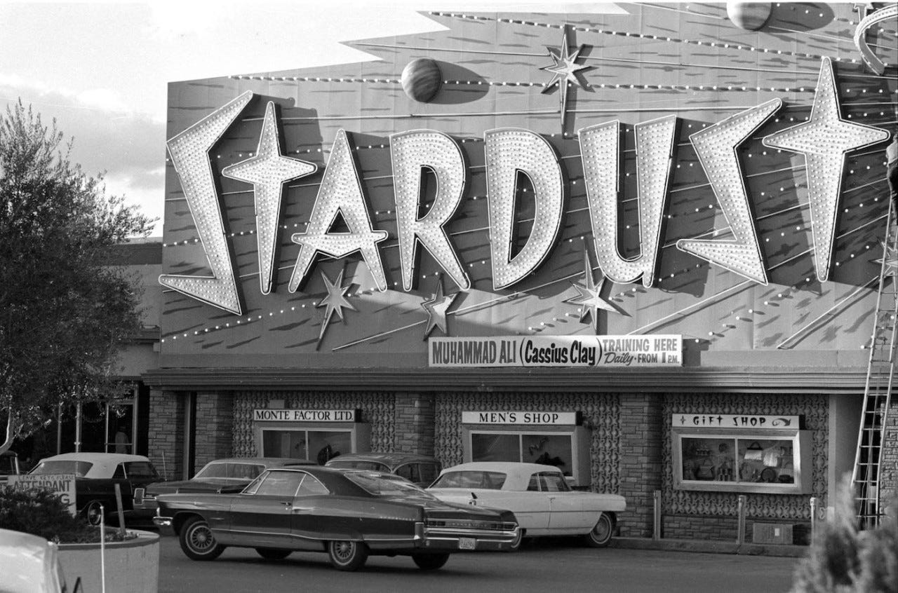 Stardust, Las Vegas, November 1965. “Muhammad Ali (Cassius Clay) Training Here Daily from 1 PM.” Photo by Gerry Cranham.