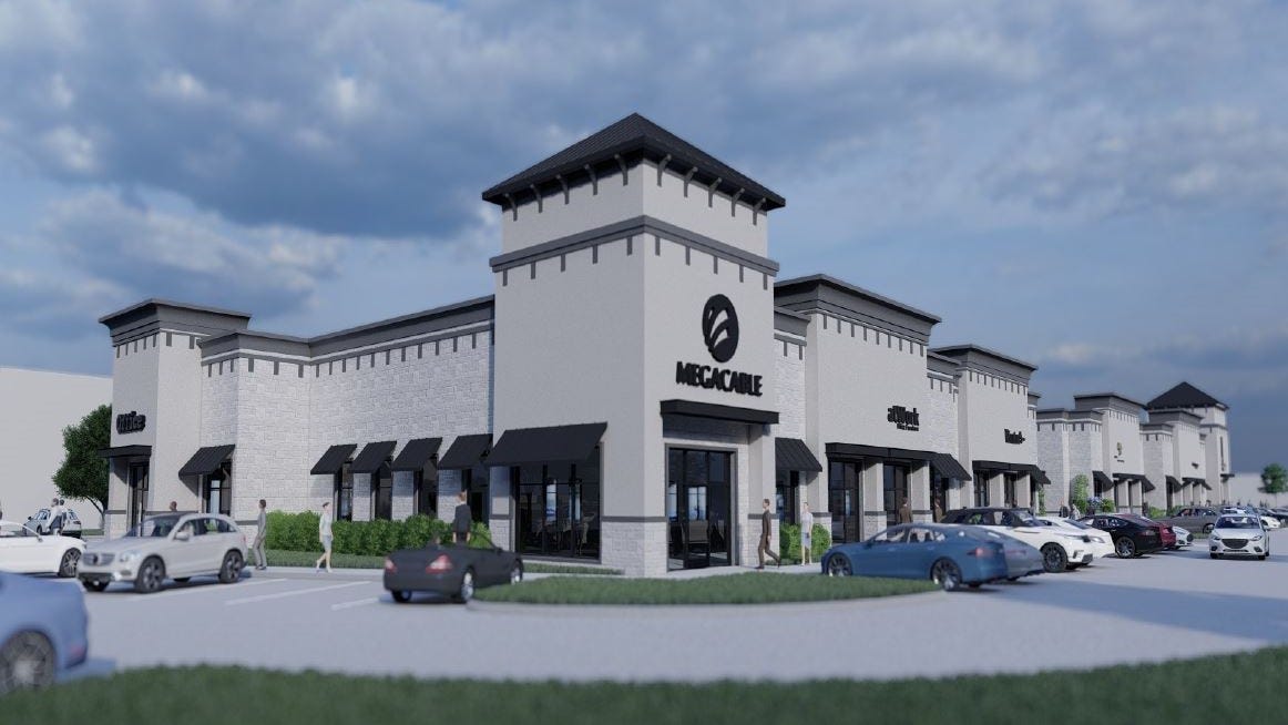 A second rendering of the Highlands at Coppell office park, featuring white brick buildings with grey accents and black awnings