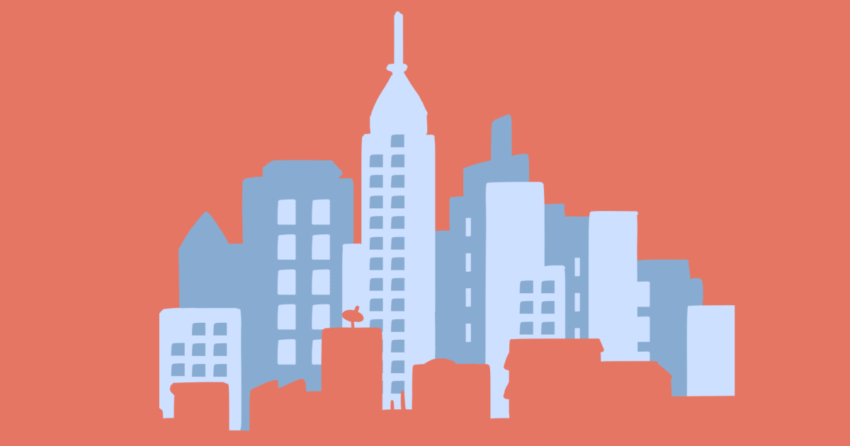 A simplified illustration of a city using red and two grayish blue colors