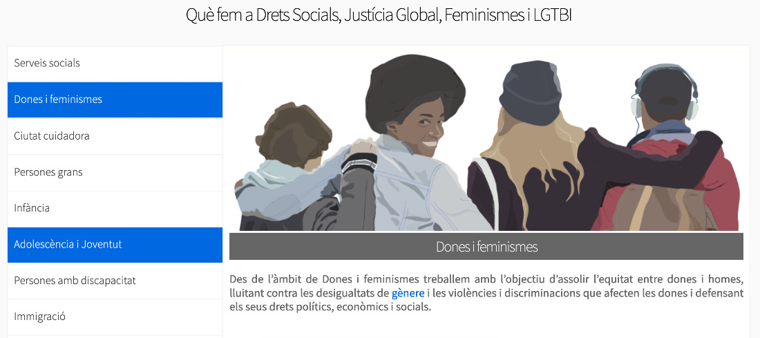 Schermata del sito del comune di Barcellona dedicato ai diritti sociali, al femminismo e alla giustizia globale: al centro un'illustrazione di 5 persone di spalle che camminano insieme; una di loro, una persona afrodiscendente, è girata e sorride.