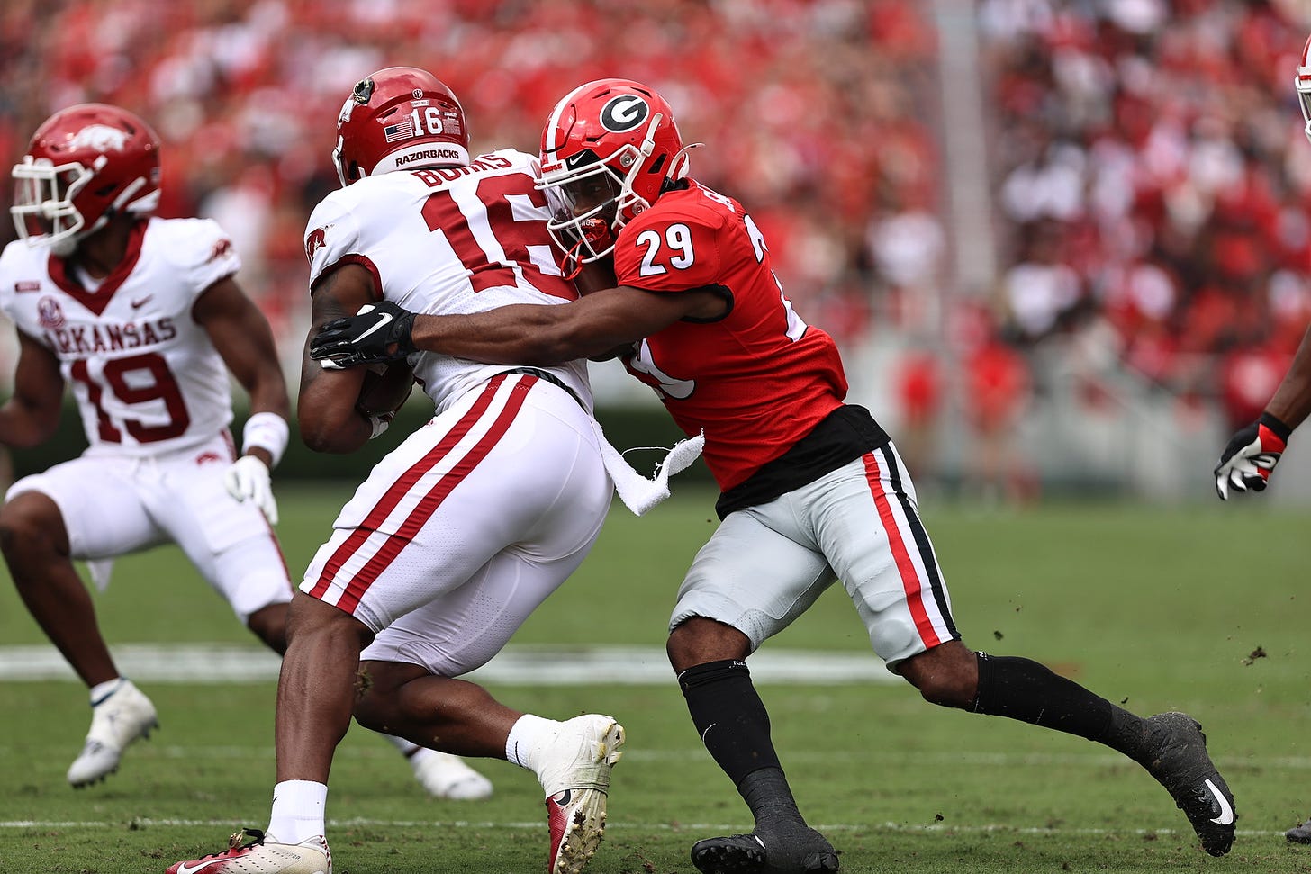 Georgia defensive back Christopher Smith (29) during the Bulldogs’ game with Arkansas in Dooley Field at Sanford Stadium in Athens, Ga., on Saturday, Oct. 2, 2021. (Photo by Tony Walsh)