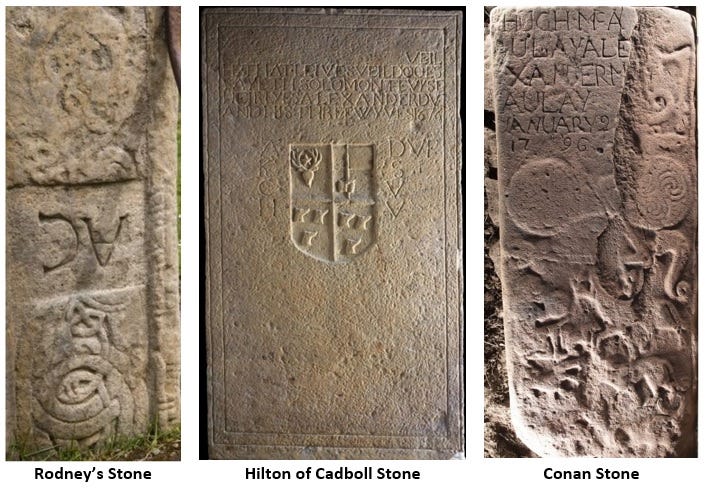 Three Class II Pictish symbol stones re-used as grave markers in the early modern period. They are Rodney's Stone, the Hilton of Cadboll cross slab and the Conan Stone from near Conon Bridge.