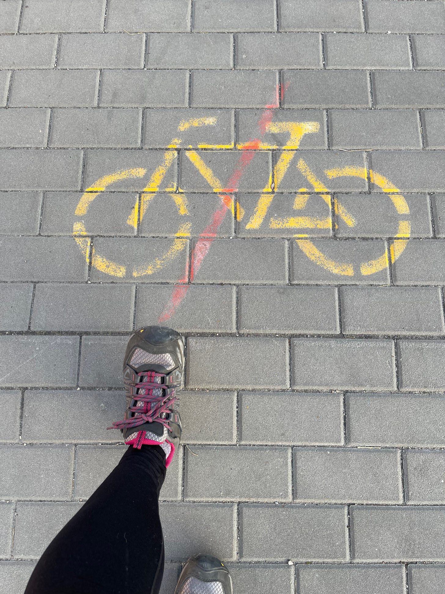 A picture of a shoe about to step on a spray painted icon on the ground of a bike with a red line drawn through it