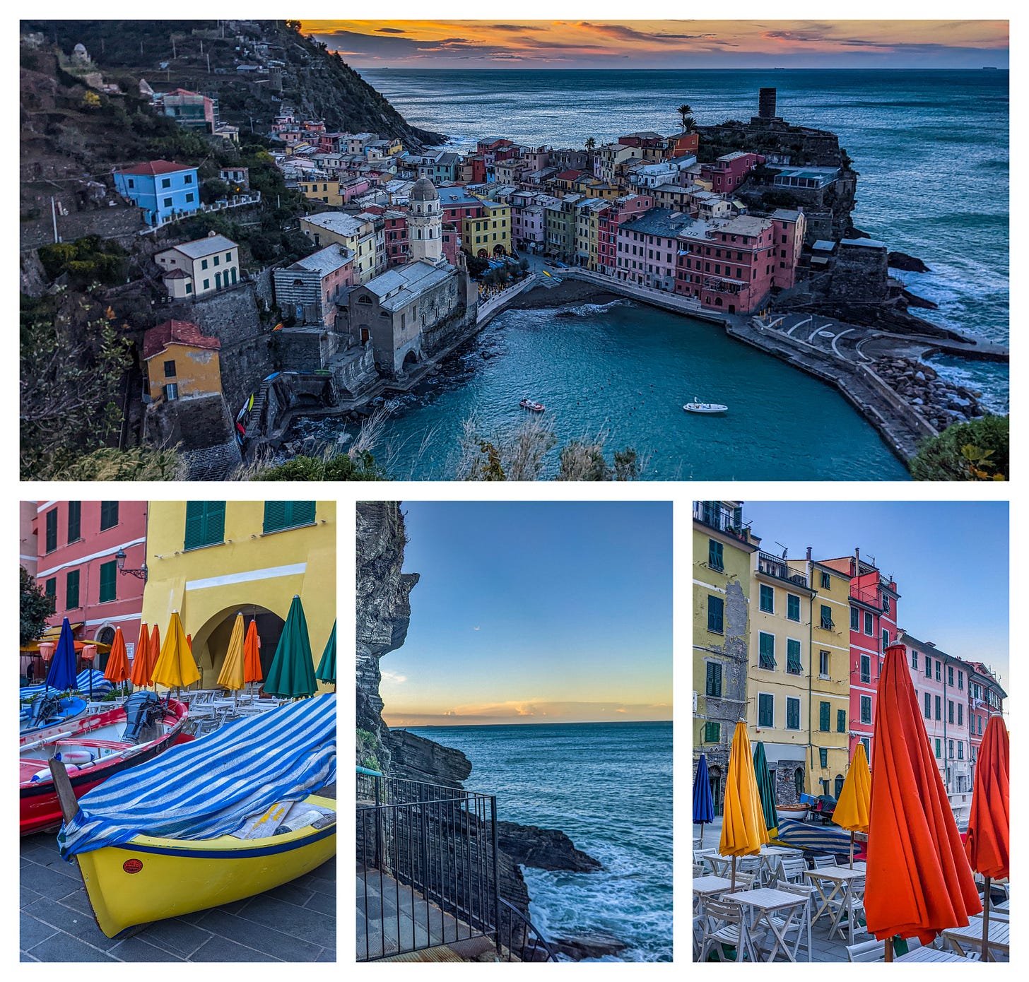 A collage of photos of Vernazza taken at sunrise, including from up above on a hillside, as well as colorful folded umbrellas at a restaurant, and of the sun rising over the sea. 